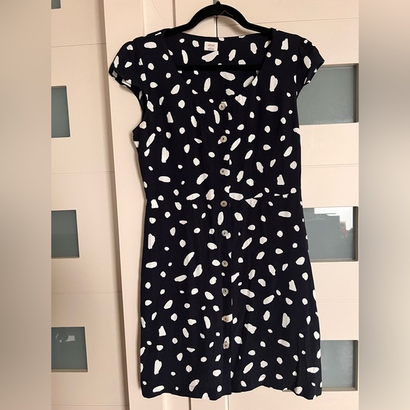 Aritzia Wilfred Navy White Dots High Waisted A-line Shift Day mini dress S - Picture 1 of 8